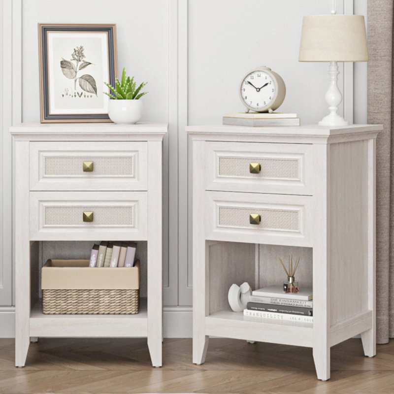 Table de chevet Farmhouse, table de chevet Boho avec 2 tiroirs décoratifs en rotin, table de bout décorative avec tablette de rangement ouverte, unité de chevet en bois pour chambre à coucher, salon, bureau à domicile