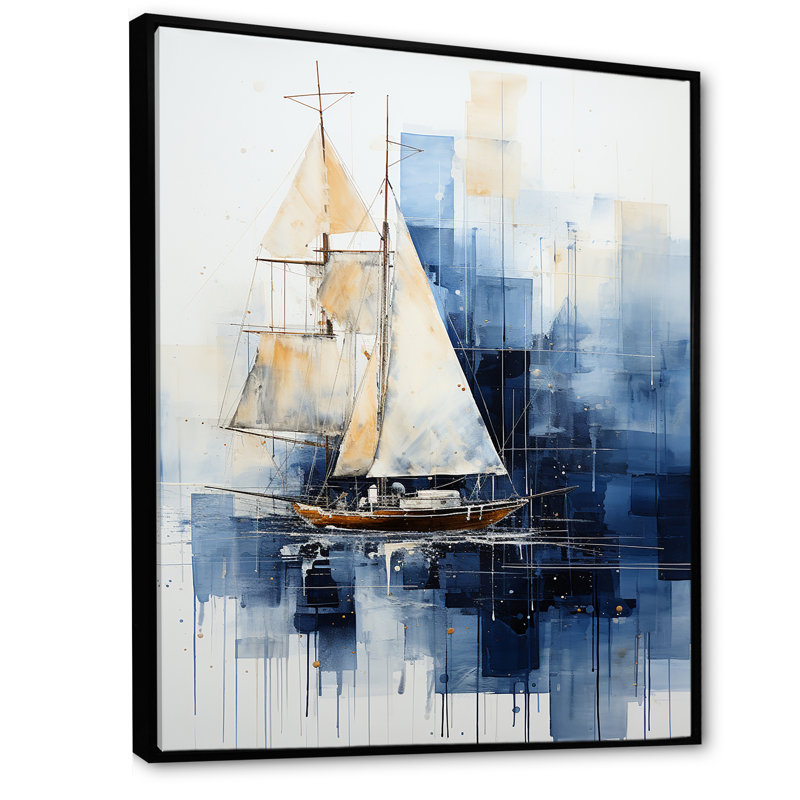 Art mural bleu et blanc à géométrie nautique - Minimalisme côtier, Cadre flottant noir, H 32 po x l 16 po x P 1 po