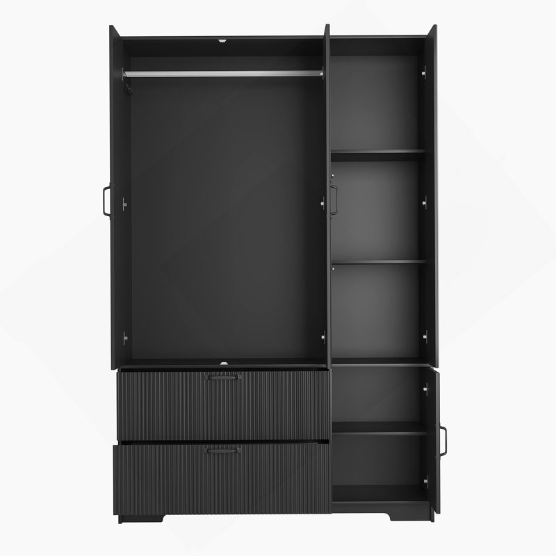 Garde-robe à 4 portes avec miroir, armoire à DEL à 2 tiroirs, armoire de rangement en bois avec tringle, tablettes réglables