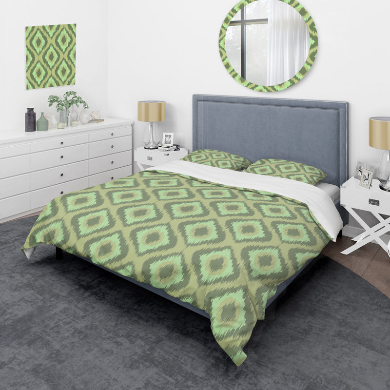 Green Ikat Ogee - Ensemble de housse de couette abstrait - Microfibre de polyester
