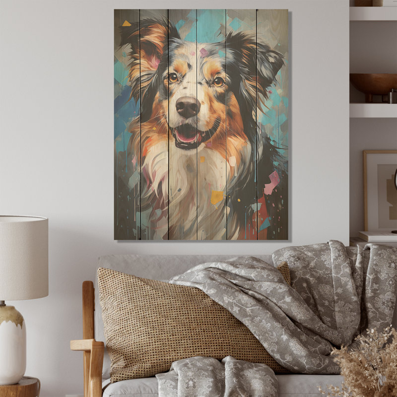 Playful Collie Portrait I - Chien, art mural sur bois de pin naturel, H 40 po x l 30 po