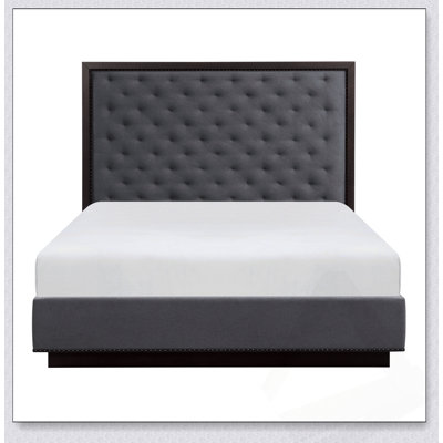 Modern Charcoal Finish Queen Bed with Tufted Headboard, Fabric Upholstery, and Nailhead Trim for Stylish Comfort