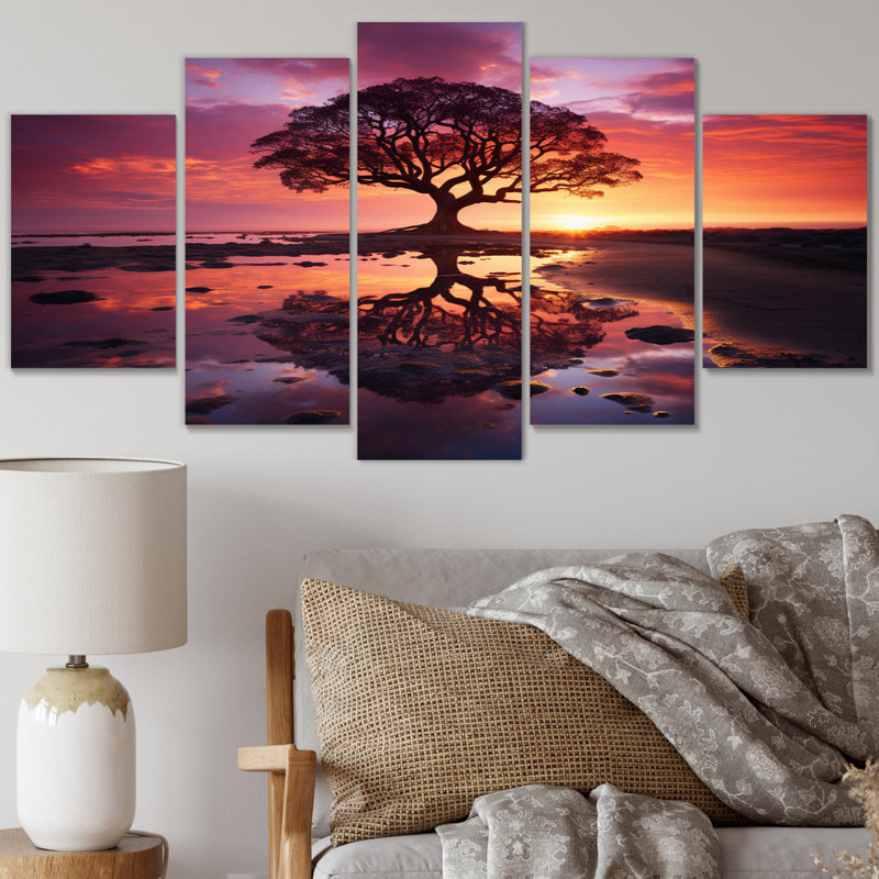  «Pink Tree Enchanted Twilight II - Landscape Trees Wall Art Living Room - 5 Panels