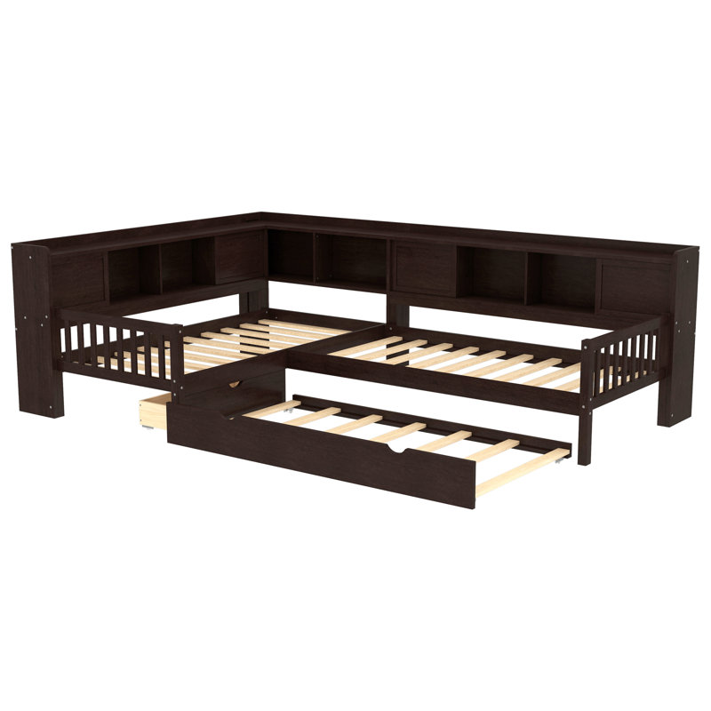 L-Shaped Twin Platform Bed with Trundle, Solid Wood Storage Bed with Drawers & Shelves, No Box Spring,Espresso, Espresso