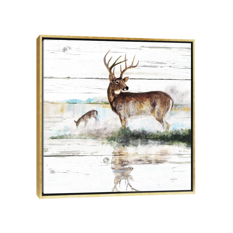 «Rustic Misty Deer» par Ruane Manning - reproduction d'art, H 18 po x l 18 po x 1,5 po, Aucun mat, Toile encadrée d'or