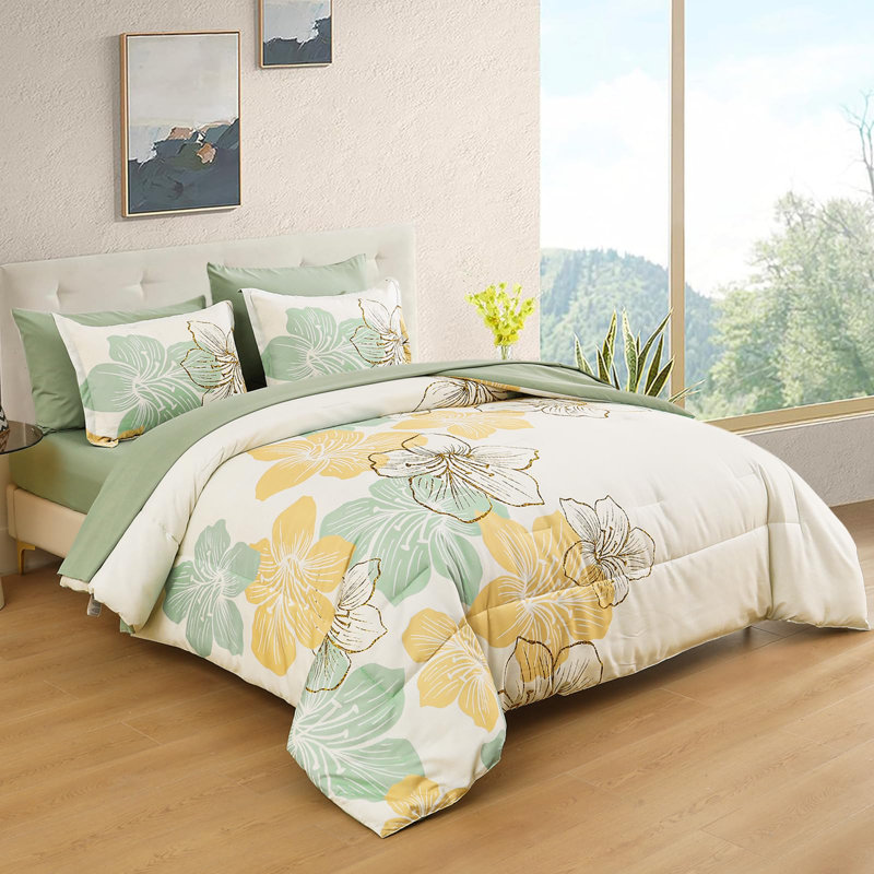 7 Piece Floral Comforter Set Soft Microfiber Bedding Set with Sheets for All Seasons, Gold