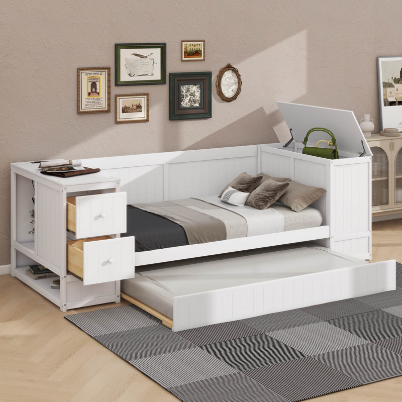 Lit de jour simple avec couchette, accoudoirs de rangement et station de charge, Blanc