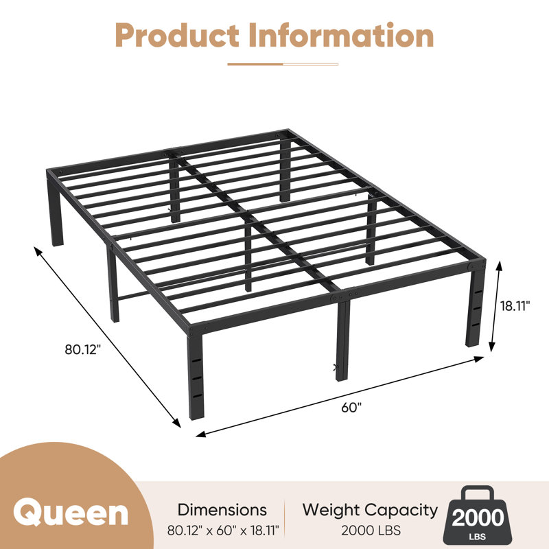 Lutherville 18'' Black Metal Platform Bed Frame With Steel Slat Support, No Box Spring Needed, Queen, 18"