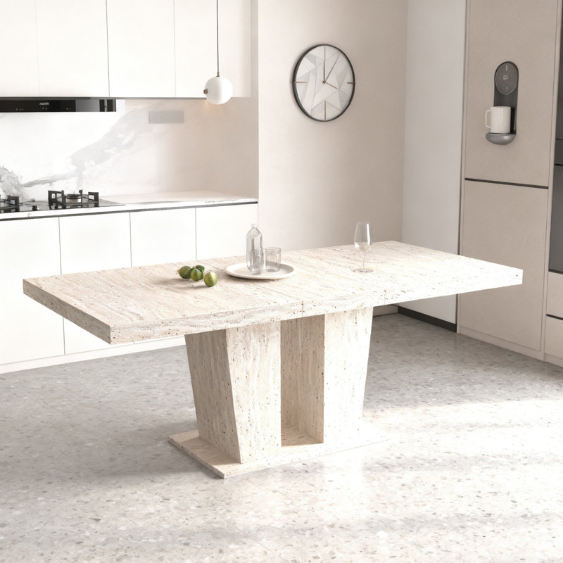 Rectangular Extendable Dining Table, Suitable For 6-10 People, With Veined Travertine Pattern, Dimensions 160-200 Cm, Simple And Elegant.