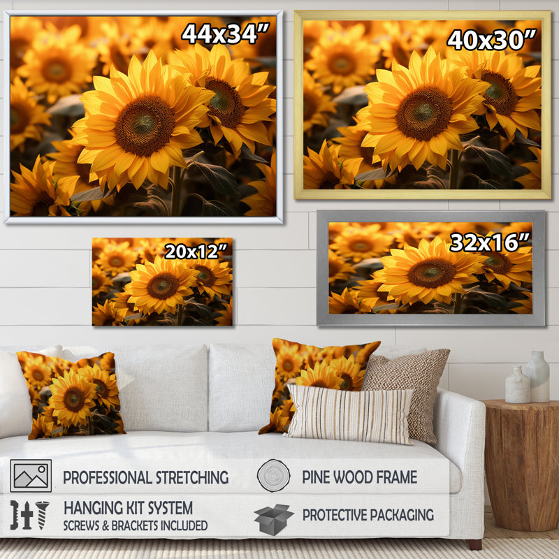 Yellow Sunflowers Field - Floral Wall Decor, H 30 po x l 40 po x P 1,5 po, Toile tendue