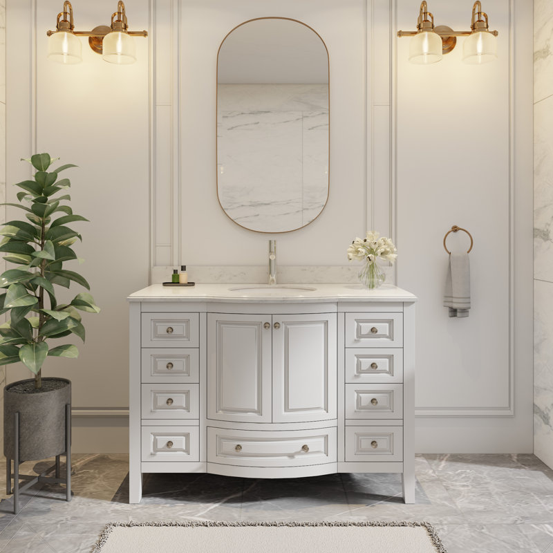 Mandilyn 48" Fully Assembled Single Sink Bathroom Vanity with Engineered Stone Top, Ceramic Sink, Hand Paint, White