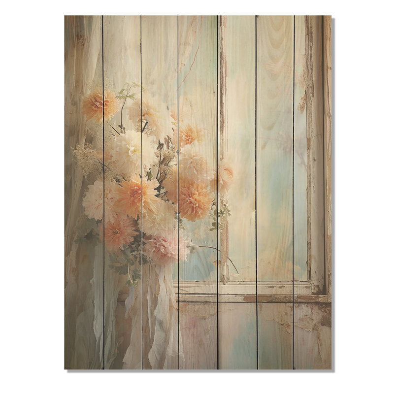 Délicate fleur française rétro vue de fenêtre I - fenêtre florale sur bois, H 20 po x l 10 po