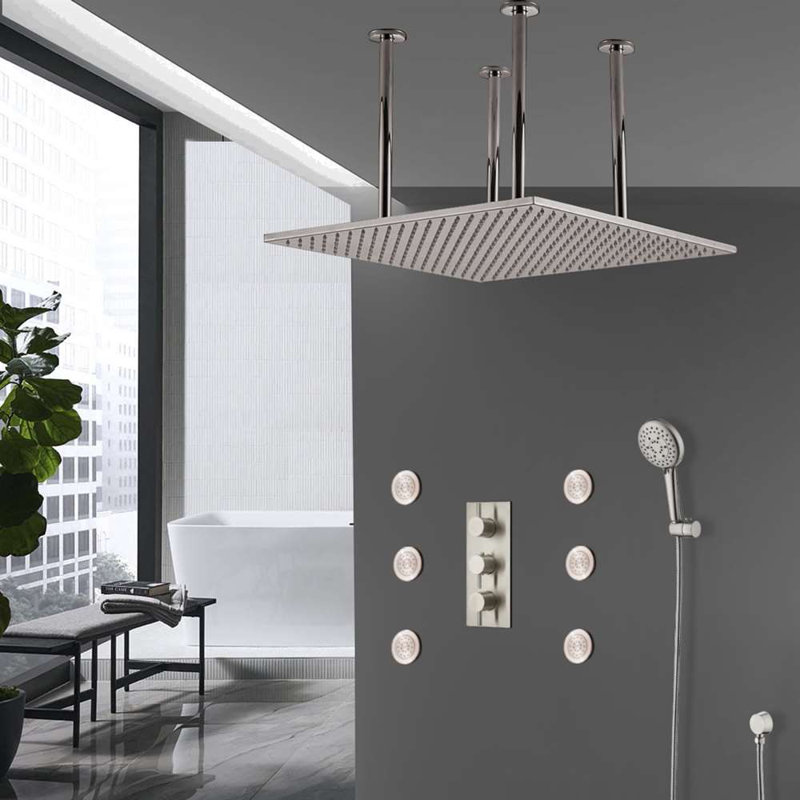 FontanaShowers Sofia Large Ceiling Rain Shower Head Set with Body Sprays and Hand Shower, Brushed Nickel