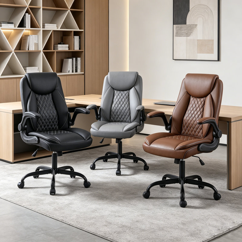 Fauteuil de bureau ergonomique en cuir pour le bureau à domicile, fauteuil de bureau pivotant avec roulettes et accoudoirs rabattables, petit fauteuil de jeu avec fonction berçante réglable, brun