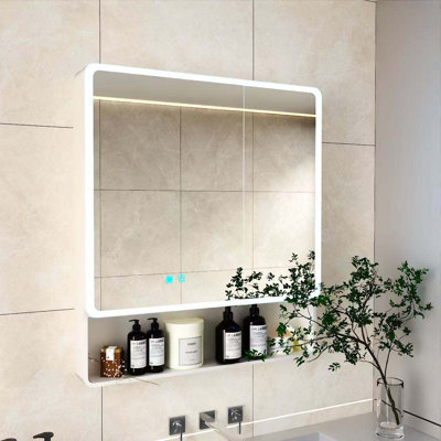 Armoire à pharmacie DEL pour la salle de bain avec lumière blanche une couleur, anti-buée, armoire en plastique-aluminium facile à installer. (31,5 x 35,43 à deux portes)