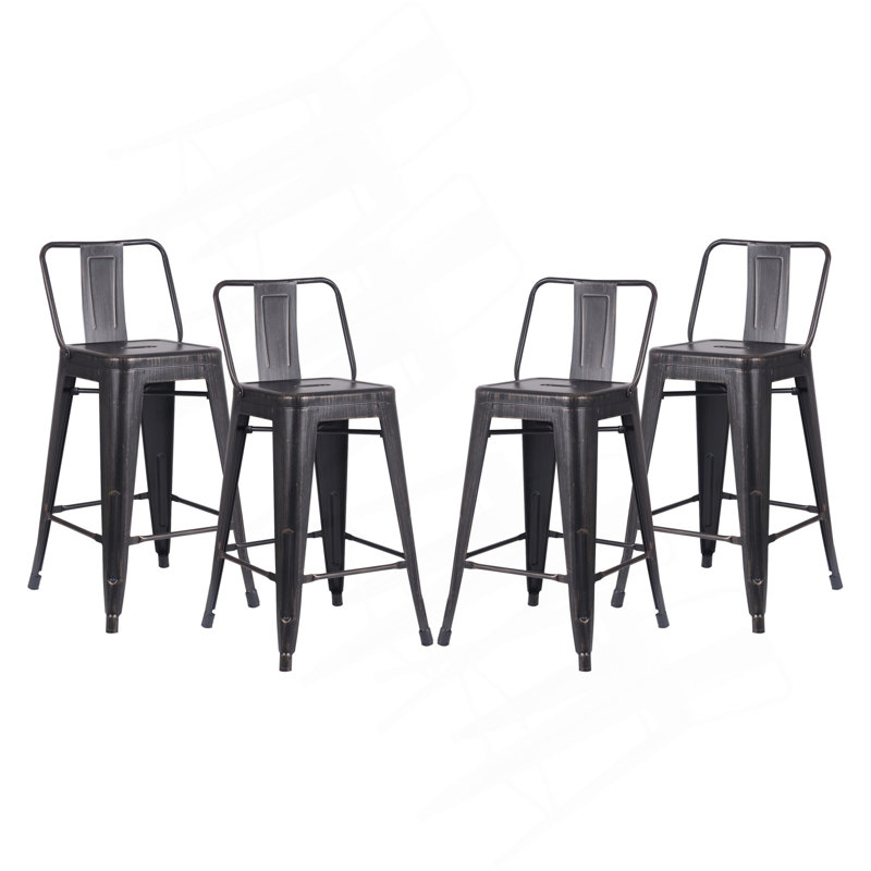 Tabouret de bar 24 po en métal de style rustique rustique avec dossier, tabouret de bar de cuisine, construction légère et robuste, ensemble de 4 - noir mat
