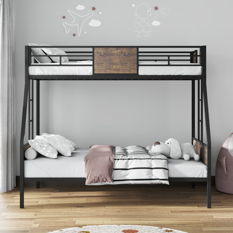 Lit superposé simple au-dessus d'un lit double en métal pour la chambre à coucher, avec garde-corps, lit gigogne, 2 échelles, conception, sans sommier, bois franc d'ingénierie brun, construction solide, installation rapide avec lit gigogne, cadre, espace