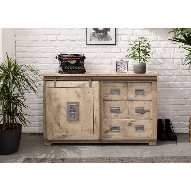 Railway 140cm Solid Wood Sideboard, Whitewash Lacquered
