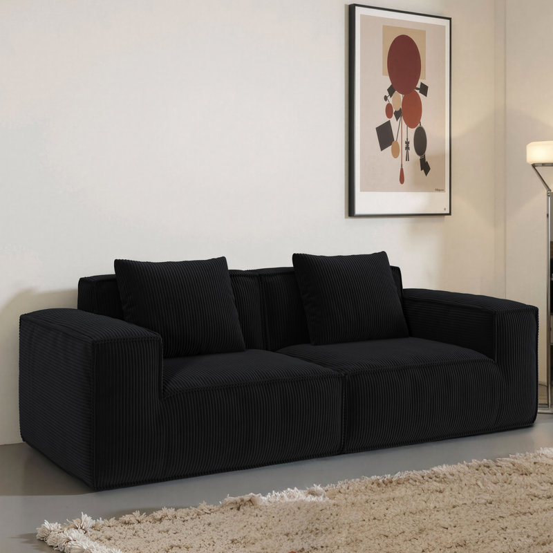 Lit modulaire convertible 2 places Altamirano, matériau en velours de velours côtelé noir, support en éponge, large, profondeur plus profonde, dossier surélevé, petits coussins, sans assemblage pour diverses pièces de la maison et de l’appartement modulaire