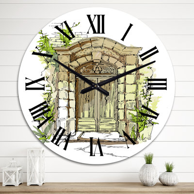 Old Town Door with Green Plants - Vintage Wall Clock
