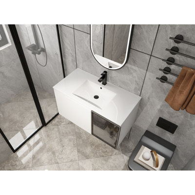 36" Bathroom Vanity With Ceramic Sink, 2 Soft-Close Doors, Glossy White Cabinet, Grey Glass 1/2 Door, Plywood For A Aesthetic Upgrade Vanity, Half Elegance