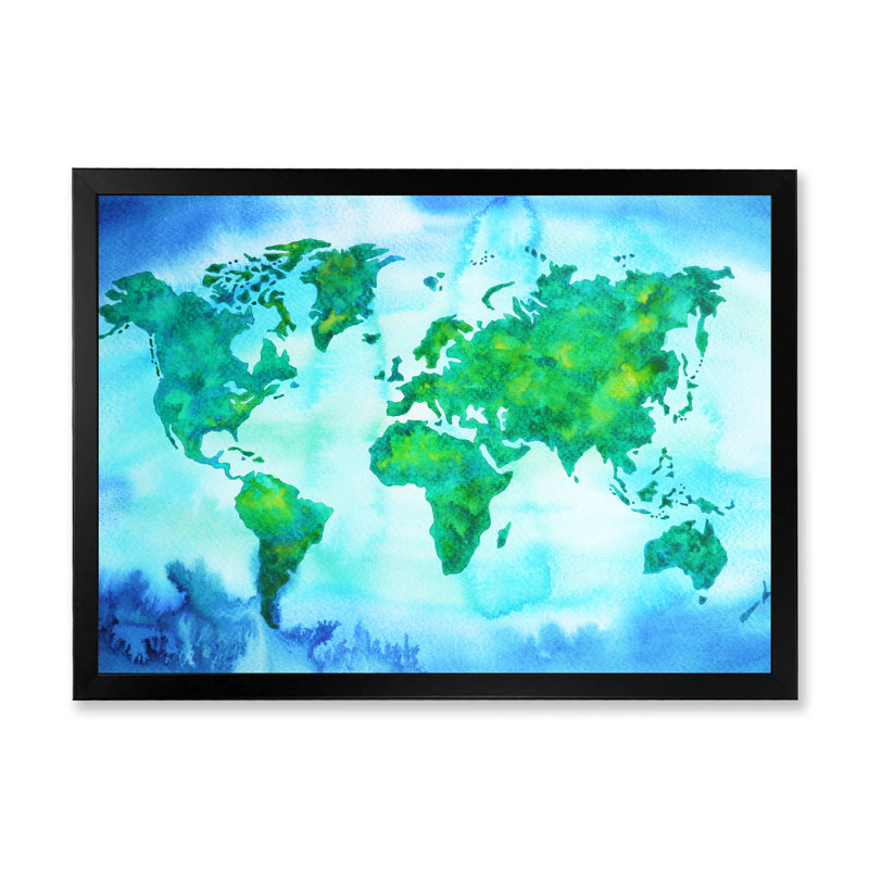 «World Map Blue Green Tone», reproduction sur toile, Cadre d'angle fermé noir, H 12 po x l 20 po x P 1 po