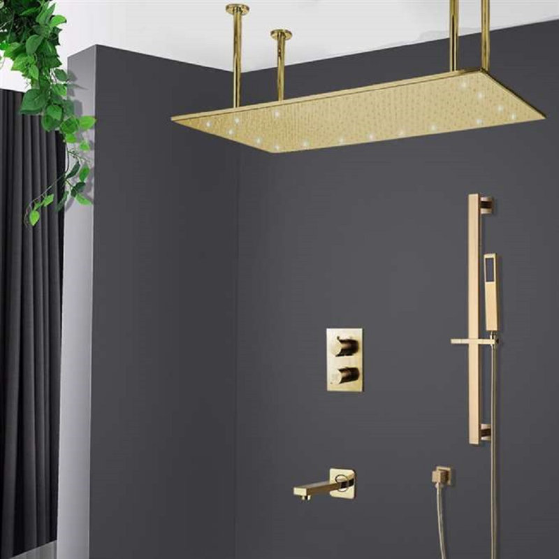 Système de douche à pluie à fixation au plafond en or brossé numérique à DEL 20 po x 40 po BathSelect Carpi avec douchette et bec de baignoire