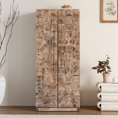 58" Solid Wood Rustic Wine Bar Cabinet with Patchwork Geometric Doors