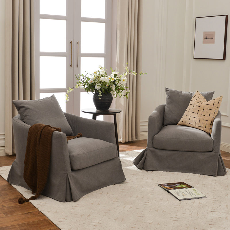 32" W Down Fill Upholstered Slipcover Swivel Barrel Chair with Pillow Back Set of 2, Slate Gray