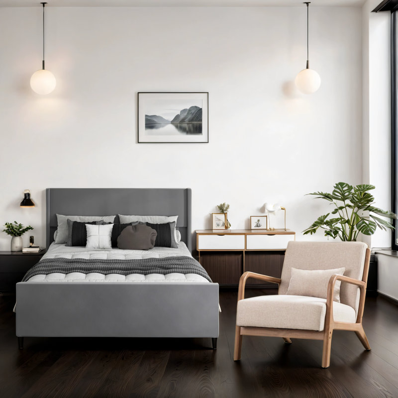 Ensemble de chambre à coucher 2 pièces avec lit à lattes rembourré Vestel et tête de lit haute, Très grand