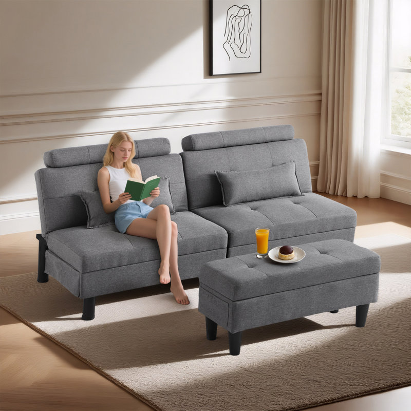 Upholstered Convertible Reclining Sleeper Sofa Bed With Versatile Ottoman, 2 Soft Pillows