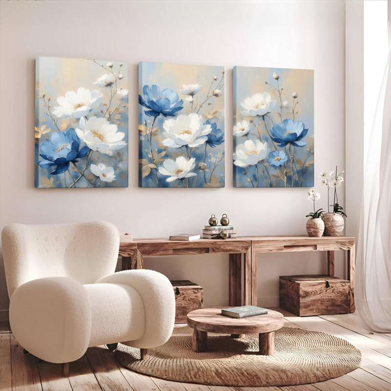 Tableau mural sur toile à motifs floraux bleus et blancs (paquet de 3), H 30 po x l 60 po