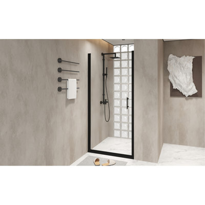 Porte de douche pivotante 28 x 72 avec demi-cadre en aluminium noir, verre trempé transparent de 6 mm, film, bande de blocage de l'eau surélevée, verre antichoc emballé pour projet de salle de bain avec verre résistant