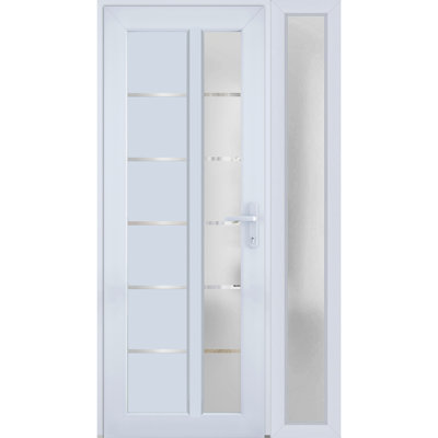Porte d'entrée extérieure prémontée en fibre de verre, verre dépoli, Manux 8088 Blanc Soie, fenêtre latérale extérieure, portes d'entrée pour bureaux, commerces et résidences, patio, garage - L 30 + 12 x H 80 - Ouverture à gauche vers l'intérieur