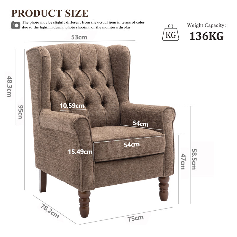 Button-Tufted Wingback Accent Chair - Solid Wood Legs with Rolled Arm &Thick Padded Cushion, Brown Polyester, Brown