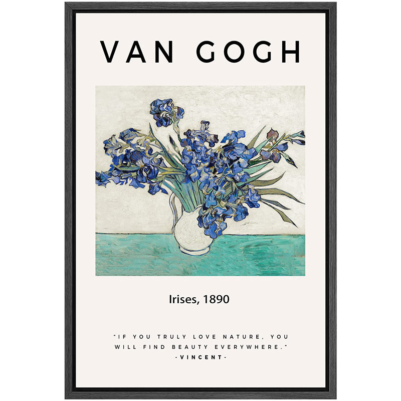 Irises 1890, coups de pinceau décoratifs par Vincent Van Gogh - peinture à cadre flottant, H 36 po x l 24 po, Noir