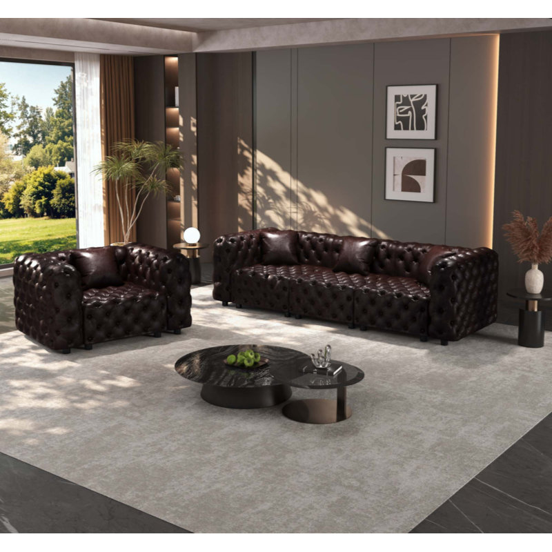 Ensemble de canapé moderne, canapé modulaire rembourré en similicuir 3 places avec conception touffetée à la main pure, 4 coussins, combinaison multiple pour le salon
