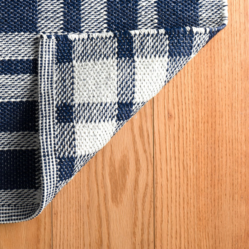 Tattersall Navy Handwoven Indoor/Outdoor Rug, Rectangle 7'6" x 9'6"