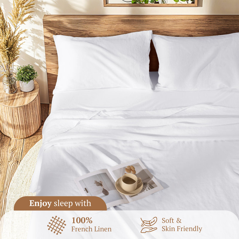Linen Sheets Set, 100% Linen Bed Sheets- 4 Pcs, White, Queen