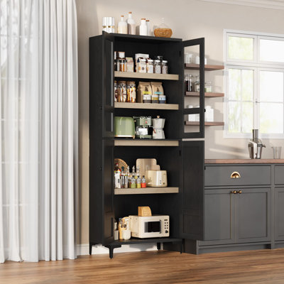 Armoire de rangement de 71 pouces de hauteur à 5 niveaux - 4 portes avec tablettes réglables, rangement en bois étroit pour le salon, la salle à manger et la salle de bain (noir)