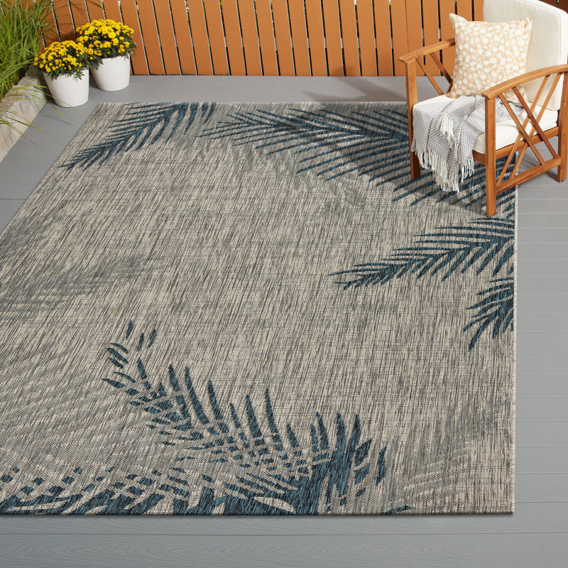 Tapis tissé à la machine intérieur / extérieur gris / bleu Christiane, Rectangle 7 pi 9 po x 9 pi 5 po
