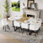 Ensemble de salle à manger carré 9 pièces avec table fixe en faux marbre 8 chaises, bois blanc doux