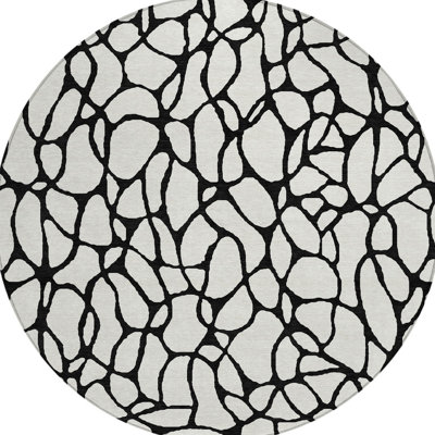 8' Ivory Round Geometric Washable Indoor Outdoor Area Rug