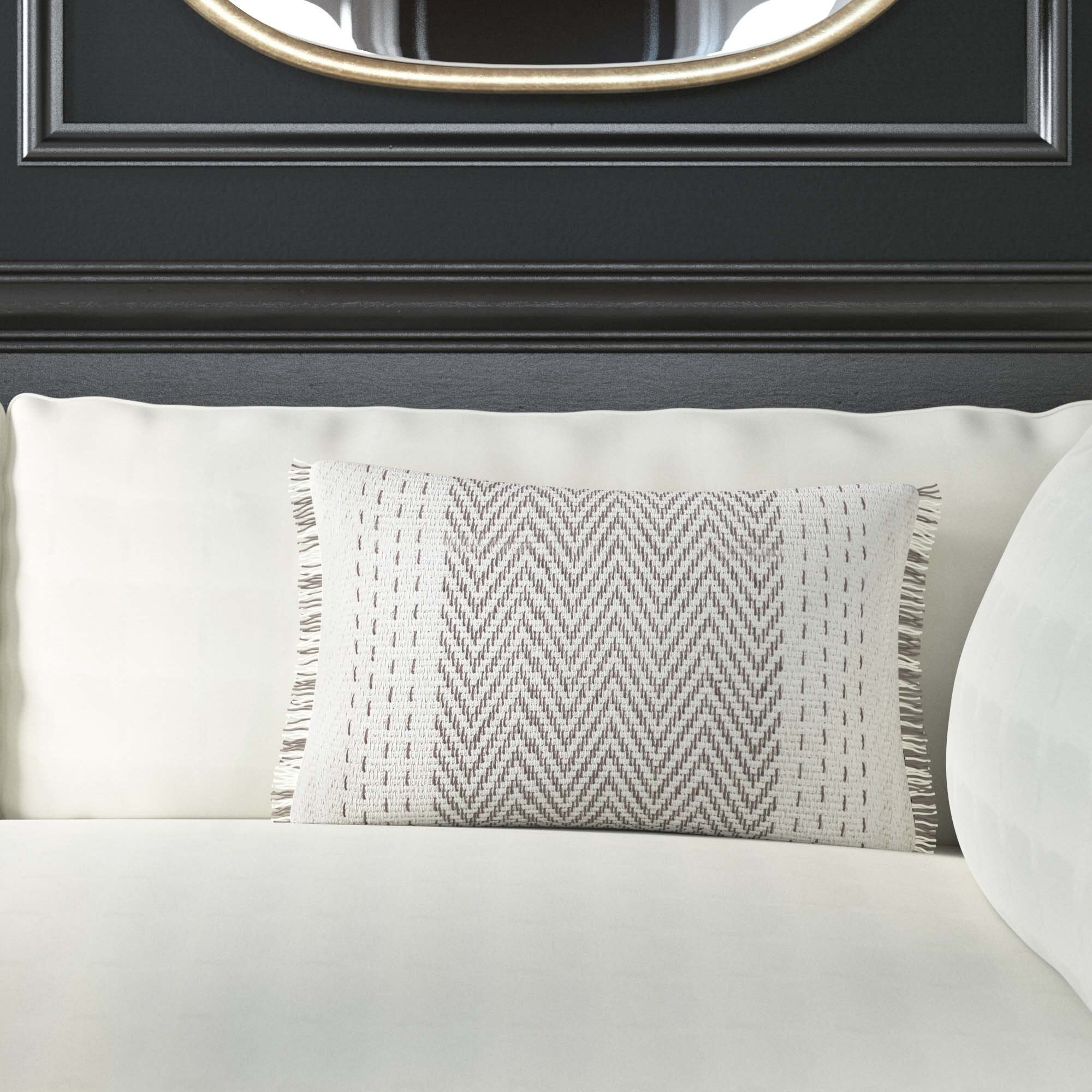 Carey Fringed Cotton Lumbar Throw Pillow, Feathers, Gray/Ivory