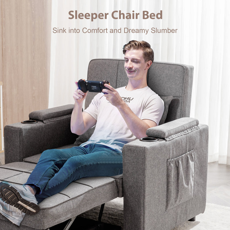 Sleeper Chair Bed Convertible Armchair Bed With Cup Holders Single Convertible Chair 3-In-1 Futon Chair Bed With Side Pocket, Pull Out Sleeper Bed Living Room, Bedroom