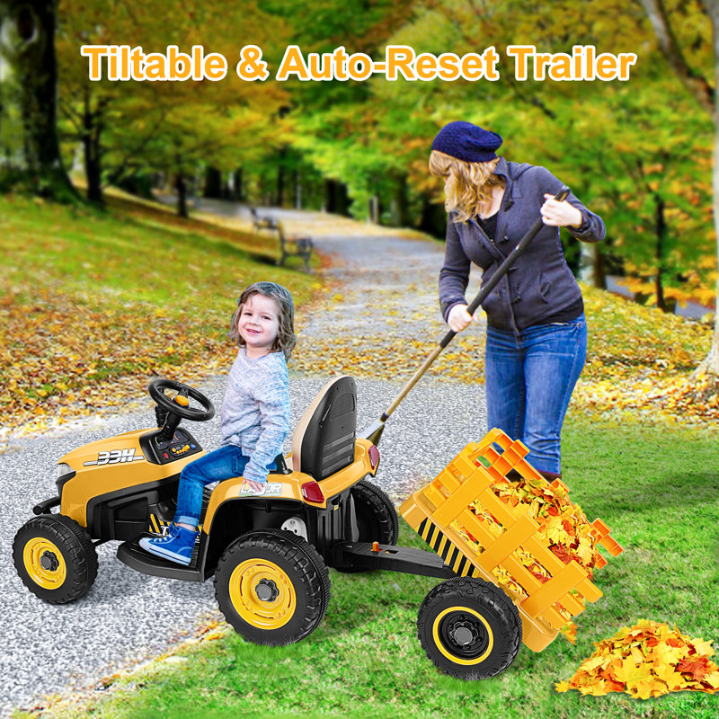 12V Yellow Ride-On Tractor with Detachable Trailer