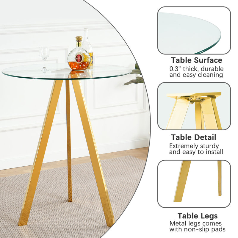 Round Height Pub Table and 2 Teddy fabric Bar Stools, White/Gold, Gold, Clear