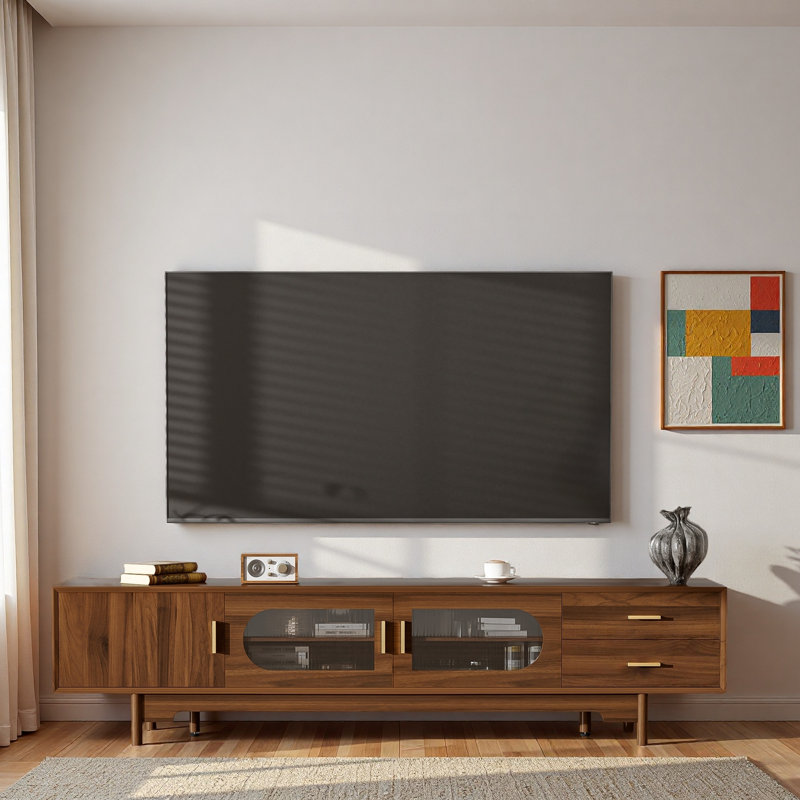 Meuble télé moderne avec portes en verre cannelé, 2 tiroirs, gestion des câbles et pieds en bois
