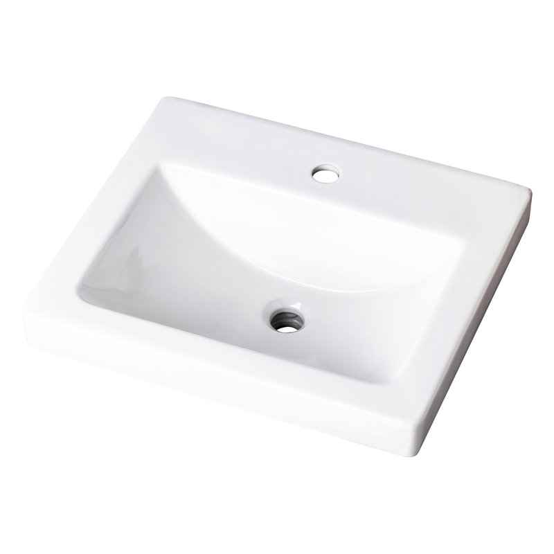 Lavabo de salle de bain rectangulaire encastré en porcelaine vitreuse blanche avec trop-plein, Simple