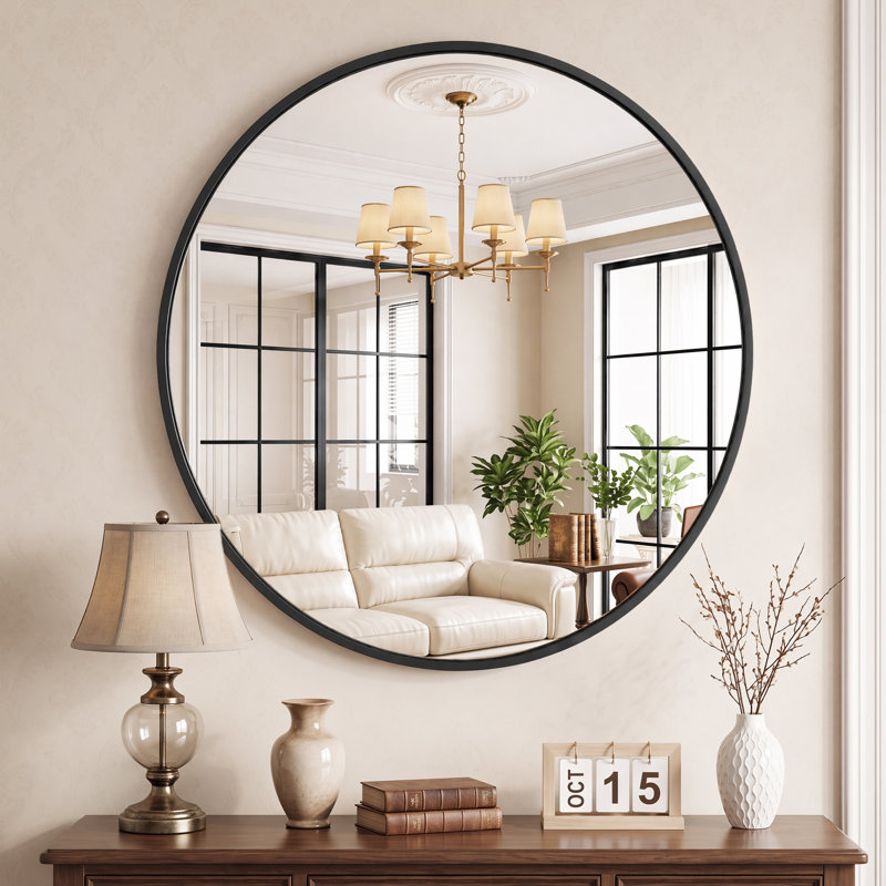 Metal Round Wall Mirror, Black, 28" x 28"